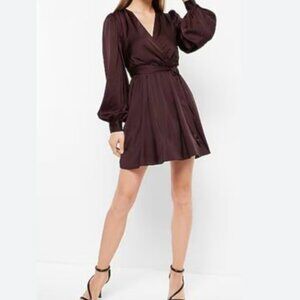 NWT Express Satin Long Sleeve Tie Waist Mini Dress Burgundy Size XS